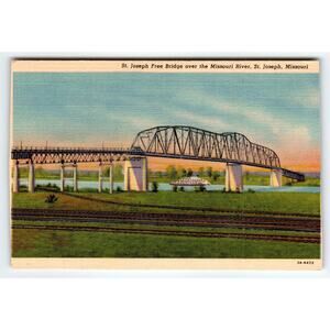 Vintage Linen Postcard St. Joseph Free Bridge Missouri River 1940s TRIMMED